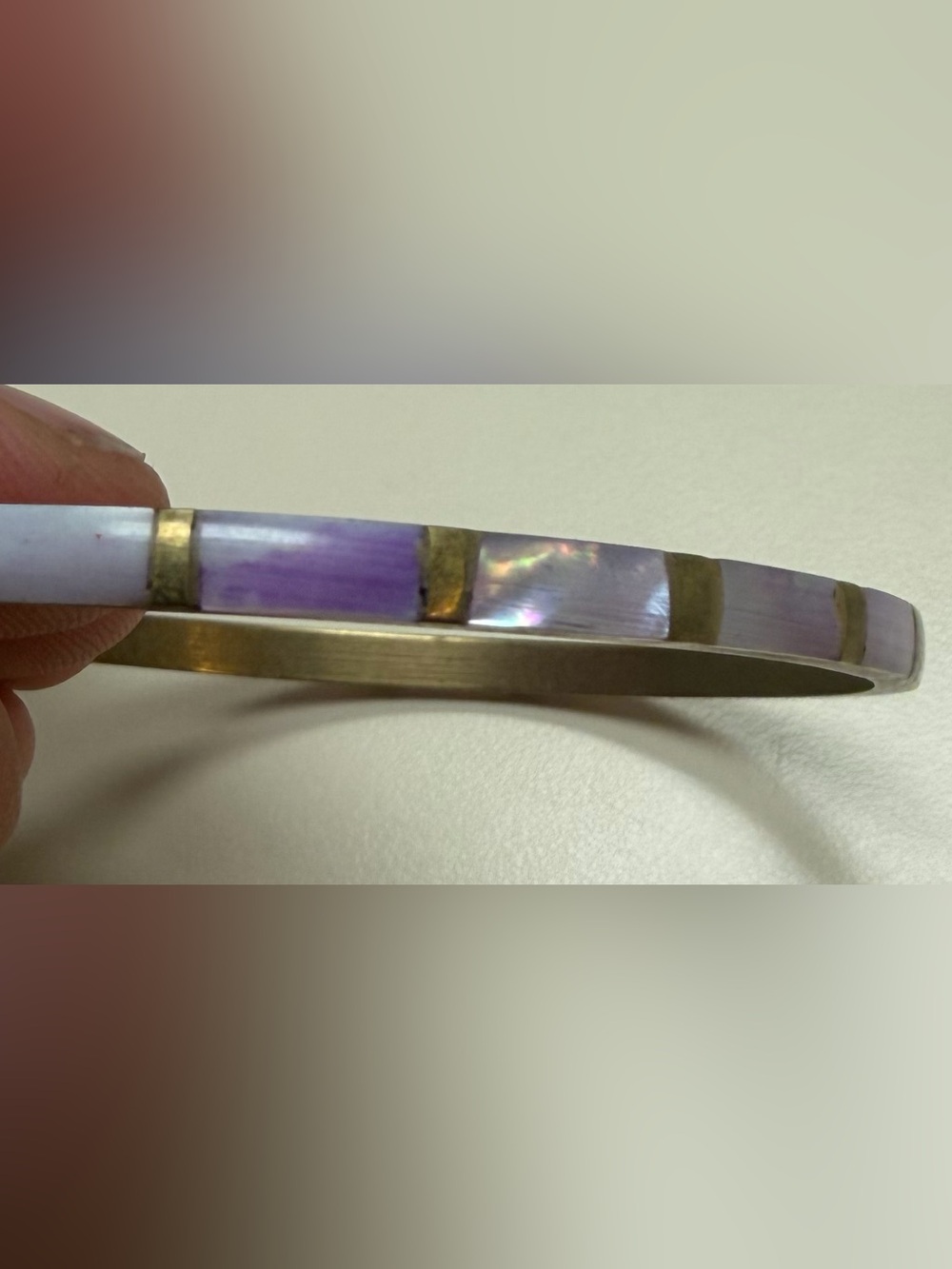 Vintage 1970s Brass Purple Mother of Pearl Inlay Bangle Bracelet